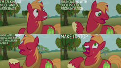 Size: 1280x720 | Tagged: safe, edit, edited screencap, editor:quoterific, screencap, big macintosh, earth pony, pony, g4, no second prances, season 6, apple, eyes closed, food, freckles, horse collar, male, open mouth, screaming, shocked, shocked expression, solo, stallion, tree