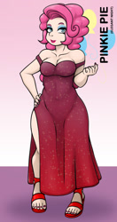 Size: 984x1860 | Tagged: safe, alternate version, artist:oldskullkid, part of a set, pinkie pie, human, g4, breasts, clothes, dress, elegant, high heels, humanized, lipstick, open-toed shoes, red dress, shoes, side slit, solo, total sideslit