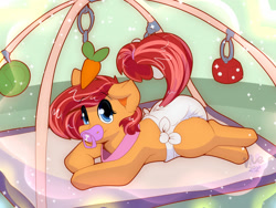 Size: 1280x965 | Tagged: safe, artist:maynara, oc, oc:peaches(maynara), earth pony, pony, baby, baby pony, cloth diaper, cute, diaper, female, filly, foal, mobile, pacifier, playmat