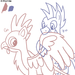 Size: 1500x1500 | Tagged: safe, artist:melisareb, oc, oc only, oc:gavin gallium, oc:zee zinc, griffon, zebra, assisted preening, bipedal, duo, gallium, griffon oc, grooming, male, periodic table, preening, simple background, stallion, white background, wings, wip, zebra oc, zinc