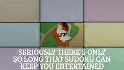 Size: 1280x720 | Tagged: safe, edit, edited screencap, editor:quoterific, screencap, autumn blaze, kirin, g4, season 8, sounds of silence, autumn blaze is not amused, female, mare, solo, sudoku, unamused