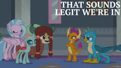 Size: 1280x720 | Tagged: safe, edit, edited screencap, editor:quoterific, screencap, gallus, ocellus, silverstream, smolder, yona, changedling, changeling, dragon, griffon, hippogriff, yak, g4, school daze, season 8, crossed arms, eyes closed, female, male, smiling