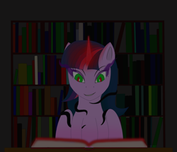 Size: 2162x1860 | Tagged: safe, artist:drakang, twilight sparkle, alicorn, pony, g4, book, bookshelf, dark magic, evil, glowing horn, horn, magic, solo, sombra eyes, tentacles, twilight sparkle (alicorn)