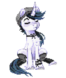 Size: 474x558 | Tagged: safe, artist:hikkage, oc, oc only, pony, chest fluff, choker, clothes, eyes closed, pixel art, solo, stockings, thigh highs