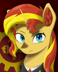 Size: 2480x3105 | Tagged: safe, artist:闪电_lightning, sunset shimmer, pony, unicorn, equestria at war mod, g4, bust, clothes, eyebrows, eyelashes, female, frown, high res, looking at you, mare, portrait, solo, uniform