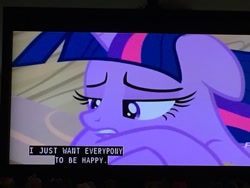 Size: 680x510 | Tagged: safe, screencap, twilight sparkle, alicorn, pony, g4, once upon a zeppelin, season 7, aesthetic, aesthetics, female, floppy ears, melancholy, photo, sad, solo, subtitles, teeth, television, twilight sparkle (alicorn), vaporwave