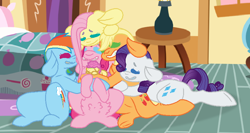 Size: 792x422 | Tagged: safe, artist:hate-love12, applejack, fluttershy, li'l cheese, pinkie pie, rainbow dash, rarity, earth pony, pegasus, pony, unicorn, g4, the last problem, baby, baby pony, base used, cuddle puddle, cuddling, group hug, hatless, hug, missing accessory, pony pile, remane five, sugarcube corner, teeth