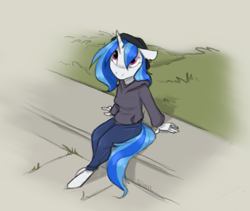 Size: 995x841 | Tagged: safe, artist:sinrar, dj pon-3, vinyl scratch, unicorn, anthro, unguligrade anthro, g4, cigarette, clothes, female, hat, hoodie, looking up, missing accessory, pants, purple eyes, smoking, solo