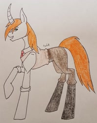 Size: 2541x3204 | Tagged: safe, artist:agdapl, pony, unicorn, boots, clothes, female, high res, mare, medic, necktie, ponified, raised hoof, rule 63, shoes, signature, species swap, traditional art