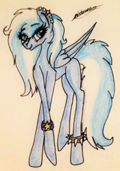 Size: 1312x1875 | Tagged: safe, artist:beamybutt, oc, oc only, pegasus, pony, ear piercing, eyelashes, pegasus oc, piercing, signature, smiling, solo, spiked wristband, traditional art, wings, wristband