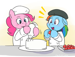 Size: 880x665 | Tagged: safe, artist:wakyaot34, pinkie pie, rainbow dash, earth pony, pegasus, pony, g4, cake, clothes, cooking, female, floppy ears, food, happy, hat, mare, smiling, strawberry