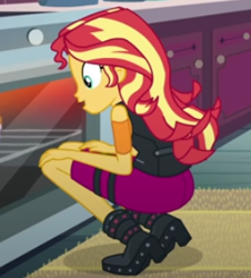 Size: 256x283 | Tagged: safe, screencap, sunset shimmer, equestria girls, equestria girls series, g4, holidays unwrapped, saving pinkie's pie, spoiler:eqg series (season 2), ass, boots, bunset shimmer, butt, cropped, oven, shoes, solo, squatting