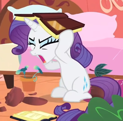 Size: 544x535 | Tagged: safe, screencap, rarity, pony, unicorn, g4, look before you sleep, season 1, book, cropped, eyes closed, female, golden oaks library, leaf, open mouth, solo