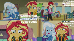Size: 1280x720 | Tagged: safe, edit, edited screencap, editor:quoterific, screencap, cherry crash, golden hazel, sunset shimmer, trixie, equestria girls, equestria girls series, forgotten friendship, g4, book, cafeteria, clothes, cutie mark, cutie mark on clothes, female, geode of empathy, jacket, jewelry, leather, leather jacket, magical geodes, male, necklace, open mouth