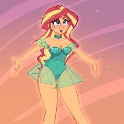Size: 4000x4000 | Tagged: safe, artist:xjenn9, derpibooru exclusive, sunset shimmer, human, equestria girls, g4, my past is not today, absurd resolution, adorasexy, bare shoulders, beautiful, breasts, busty sunset shimmer, choker, cleavage, clothes, cute, daaaaaaaaaaaw, eyebrows, eyebrows visible through hair, leotard, looking up, open mouth, open smile, redesign, see-through, see-through skirt, sexy, shimmerbetes, sketch, skirt, smiling, solo