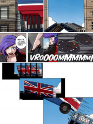Size: 1800x2400 | Tagged: safe, artist:ilacavgbmjc, rarity, human, equestria girls, g4, bridge, britain, british, bus, clothes, comic, comic page, crossover, driving, great britain, high heels, humanized, jumping, london, pedal, road rage, seat, shoes, solo, speedometer, spice girls, spice world, steering wheel, stiletto heels, united kingdom