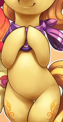 Size: 421x813 | Tagged: safe, artist:xennos, edit, apple bloom, oc, oc:kwankao, earth pony, pony, g4, apple bloom's cutie mark, belly, bipedal, cropped, hooves together, meme, offscreen character, pictures of bellies, smiling, solo focus