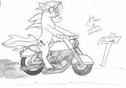 Size: 1280x896 | Tagged: safe, artist:heavysteno, trixie, pony, unicorn, g4, female, mare, motorcycle, sketch, solo, traditional art