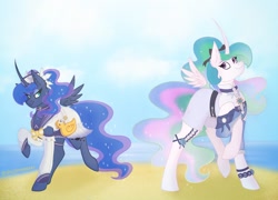 Size: 2251x1620 | Tagged: safe, artist:lunathemoongod, princess celestia, princess luna, alicorn, pony, g4, barbara (genshin impact), beach, clothes, cosplay, costume, curved horn, ethereal mane, female, genshin impact, horn, jean (genshin impact), mare, ocean, royal sisters, siblings, sisters, starry mane, starry tail, summer, water