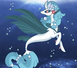 Size: 1090x970 | Tagged: safe, artist:angelxd3mon, oc, oc only, pony, seapony (g4), starfish, unicorn, blue mane, bubble, crepuscular rays, dorsal fin, female, fin wings, fish tail, flowing tail, horn, ocean, pearl, seaponified, solo, species swap, sunlight, swimming, tail, underwater, water, wings