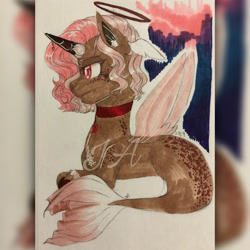 Size: 2245x2245 | Tagged: safe, artist:jdash15, oc, oc only, alicorn, pony, seapony (g4), collar, fin wings, fish tail, high res, horn, pink mane, red eyes, seaponified, simple background, solo, species swap, tail, watermark, white background, wings