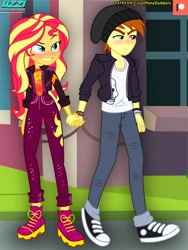 Size: 450x600 | Tagged: safe, artist:uzzi-ponydubberx, sunset shimmer, oc, oc:eclipse shadow, equestria girls, equestria girls series, g4, spoiler:eqg series (season 2), blushing, bracelet, canon x oc, clothes, commission, converse, eclipset, female, happy, jacket, jewelry, male, music festival outfit, pants, patreon, serious, shipping, shoes, sneakers