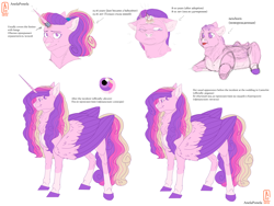 Size: 4000x3000 | Tagged: safe, artist:anelaponela, princess cadance, alicorn, pegasus, pony, g4, baby, baby pony, cheek fluff, colored wings, cyrillic, ear fluff, female, headcanon, horn, looking at you, mare, pegasus cadance, redesign, reference sheet, russian, simple background, smiling, solo, translated in the comments, travelersverse, wings