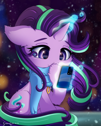 Size: 2400x3000 | Tagged: safe, artist:symbianl, starlight glimmer, pony, unicorn, belly fluff, cellphone, cheek fluff, clothes, crying, cute, ear fluff, elbow fluff, female, glimmerbetes, glowing horn, high res, hoof fluff, hoof over mouth, horn, magic, magic aura, mare, married, phone, smartphone, smiling, solo, sweater, tears of joy, telekinesis