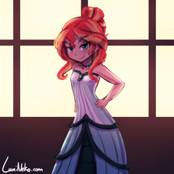 Size: 750x750 | Tagged: safe, artist:lumineko, sunset shimmer, equestria girls, g4, bare shoulders, clothes, cute, dress, elegant, female, hand on hip, looking at you, shimmerbetes, smiling, smiling at you, smirk, solo, strapless dress