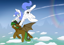 Size: 3508x2480 | Tagged: safe, artist:wbp, oc, oc:snow pup, bat pony, pegasus, pony, commission, ear fluff, flying, high res, simple background, sonic rainboom