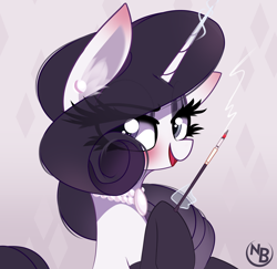 Size: 2574x2499 | Tagged: safe, artist:nevobaster, rarity, pony, unicorn, g4, abstract background, avatar, bust, cigarette, cigarette holder, female, high res, jewelry, levitation, looking at you, magic, mare, smoke, solo, telekinesis
