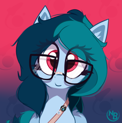 Size: 1061x1067 | Tagged: safe, artist:nevobaster, oc, oc only, oc:delta vee, pony, abstract background, avatar, bandolier, bust, button, female, glasses, looking at you, mare, solo