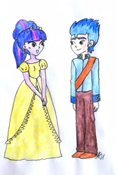 Size: 1527x2290 | Tagged: safe, artist:fude-chan-art, flash sentry, twilight sparkle, equestria girls, g4, clothes, clothes swap, dress, female, frankie foster, gown, male, ship:flashlight, shipping, straight