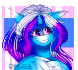 Size: 2579x2326 | Tagged: safe, artist:mediasmile666, oc, oc only, alicorn, pony, abstract background, alicorn oc, bust, colored wings, female, gradient wings, grin, high res, horn, mare, smiling, solo, wings