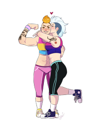 Size: 1700x2200 | Tagged: safe, artist:theartfox2468, fleetfoot, spitfire, human, g4, abs, alternate hairstyle, belly button, bisexual pride flag, blushing, cheek kiss, clothes, converse, ear piercing, earring, eyebrow piercing, eyes closed, female, fleetfire, flexing, grin, heart, hug, humanized, jewelry, kissing, lesbian, muscles, nose piercing, pansexual, pansexual pride flag, pants, piercing, pride, pride flag, pride month, shipping, shoes, simple background, smiling, sneakers, socks, sports bra, sweatpants, tattoo, trans female, transgender, transgender pride flag, transparent background, wristband