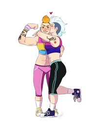 Size: 1700x2200 | Tagged: safe, alternate version, artist:theartfox2468, fleetfoot, spitfire, human, g4, abs, alternate hairstyle, belly button, bisexual pride flag, blushing, cheek kiss, clothes, converse, ear piercing, earring, eyebrow piercing, eyes closed, female, fleetfire, flexing, grin, heart, hug, humanized, jewelry, kissing, lesbian, muscles, nose piercing, pansexual, pansexual pride flag, pants, piercing, pride, pride flag, pride month, shipping, shoes, simple background, smiling, sneakers, socks, sports bra, sweatpants, tattoo, trans female, transgender, transgender pride flag, white background, wristband