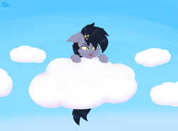 Size: 2611x1926 | Tagged: safe, artist:toxinagraphica, oc, oc only, oc:ankoret stormice, bat pony, pony, bat pony oc, cheek fluff, cloud, cute, eyebrows, fangs, fluffy, hooves, lineless, male, open mouth, sky, smiling, solo, stallion, stars