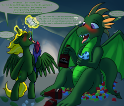 Size: 3500x3000 | Tagged: safe, artist:twoen, oc, oc only, oc:blaze the dragon, oc:prince ecosis, alicorn, dragon, pony, alcohol, alicorn oc, best friends, bipedal, birthday, bloodstone scepter, blushing, burp, cave, cupcake, dragon lord, dragon oc, drinking, drunk, drunk bubbles, food, gem, gemstones, glass, high res, horn, magic, need to pee, potty time, sapphire, sapphire cupcake, shot glass, shots, sitting, slurred speech, speech bubble, spread wings, thought bubble, tongue out, wings