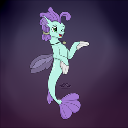 Size: 2000x2000 | Tagged: safe, artist:victorymon, oc, oc only, seapony (g4), dorsal fin, fin wings, fins, fish tail, green eyes, high res, jewelry, logo, male, necklace, one eye closed, open mouth, purple background, simple background, smiling, solo, tail, wings, wink