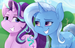 Size: 1500x971 | Tagged: safe, artist:midnightpremiere, starlight glimmer, trixie, pony, unicorn, g4, no second prances, female, grin, looking at each other, mare, scene interpretation, smiling