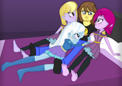 Size: 1960x1397 | Tagged: safe, artist:grapefruit-face, fuchsia blush, lavender lace, trixie, oc, oc:grapefruit face, equestria girls, g4, barefoot, base used, bed, bedroom eyes, blushing, clothes, feet, looking at each other, show accurate, snuggling, socks, stocking feet, trixie and the illusions