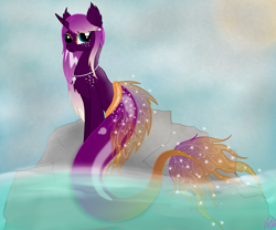 Size: 1800x1500 | Tagged: safe, artist:purple-pinion, oc, oc only, merpony, pony, sea pony, unicorn, blue eyes, dorsal fin, female, fish tail, horn, jewelry, necklace, ocean, rock, seaponified, signature, sky, smiling, solo, sparkles, species swap, sun, sunlight, tail, water