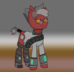 Size: 687x677 | Tagged: safe, artist:kvas!, oc, oc only, oc:gear tear, earth pony, pony, fallout equestria, augmented, clothes, earth pony oc, glasses, orange eyes, pipbuck, pockets, reference, ripping clothes, short tail, simple background, solo