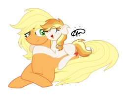 Size: 1058x831 | Tagged: safe, artist:gallantserver, applejack, oc, oc:marmalade melody, earth pony, pony, g4, female, filly, freckles, hug, lying down, magical lesbian spawn, mother and child, mother and daughter, neck hug, offspring, parent:applejack, parent:oc:silverlay, parent:rarity, parents:canon x oc, parents:rarijack, parents:silverjack, prone, simple background, transparent background