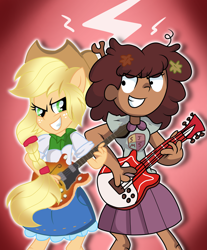 Size: 3485x4209 | Tagged: safe, artist:doraeartdreams-aspy, applejack, human, equestria girls, g4, amphibia, anne boonchuy, clothes, cowboy hat, crossover, electric guitar, guitar, hat, leaves, leaves in hair, musical instrument, ponied up, school uniform, stick, stick in hair
