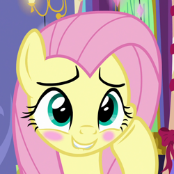Size: 1080x1080 | Tagged: safe, screencap, fluttershy, pegasus, pony, g4, my little pony best gift ever, blushing, cropped, cute, female, lip bite, mare, shyabetes, smiling, solo