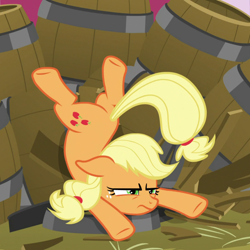 Size: 1080x1080 | Tagged: safe, screencap, applejack, earth pony, pony, father knows beast, g4, season 8, applejack is not amused, barrel, cropped, female, hatless, mare, missing accessory, silly, silly pony, solo, unamused, who's a silly pony