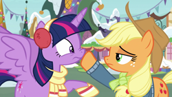 Size: 1920x1080 | Tagged: safe, screencap, applejack, twilight sparkle, alicorn, earth pony, pony, g4, my little pony best gift ever, applejack's hat, boop, clothes, cowboy hat, duo, duo female, ear fluff, earmuffs, female, hat, mare, scarf, snow, twilight sparkle (alicorn), winter outfit