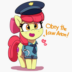Size: 3000x3000 | Tagged: safe, artist:pabbley, apple bloom, earth pony, pony, g4, adorabloom, apple bloom's bow, bow, cuffs, cute, dialogue, female, filly, hair bow, hat, heart, high res, implied anon, necktie, open mouth, open smile, police uniform, smiling, solo, talking to viewer