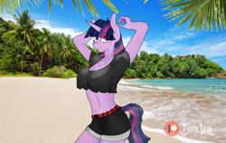 Size: 1500x947 | Tagged: safe, alternate version, artist:twilyshimmer, twilight sparkle, anthro, g4, alternate hairstyle, island, multiple variants, ocean, patreon, patreon logo, sexy, solo, tropical